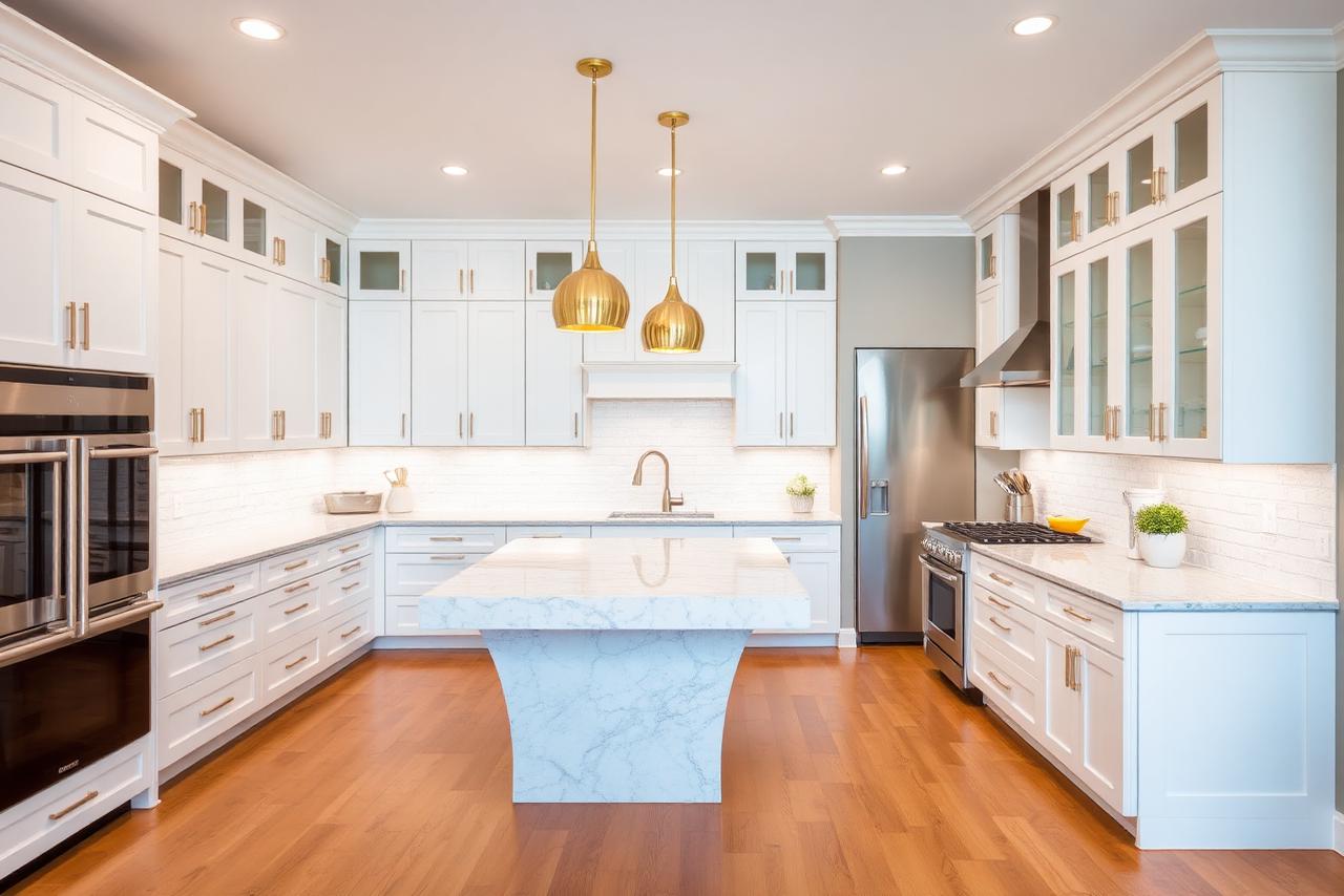 Modern luxury KMC Homes kitchen interior with quartz island